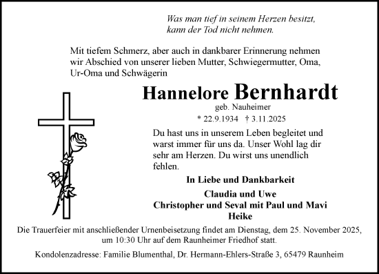 Traueranzeige von Hannelore Bernhardt von Rüsselsheimer Echo