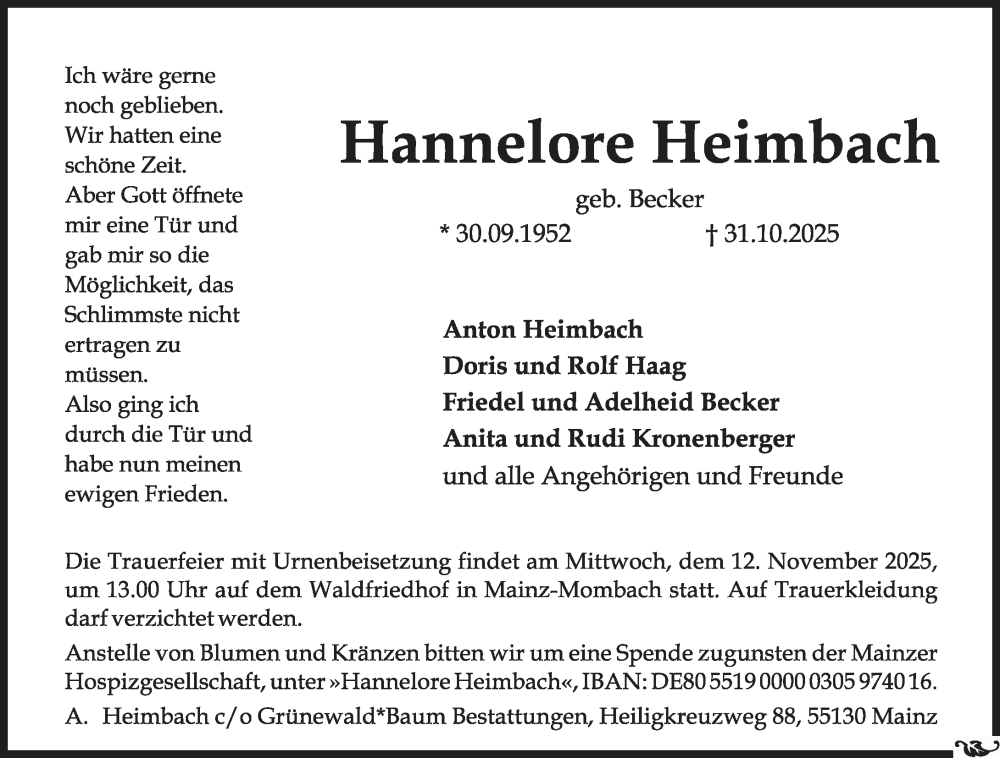  Traueranzeige für Hannelore Heimbach vom 08.11.2025 aus Allgemeine Zeitung Mainz