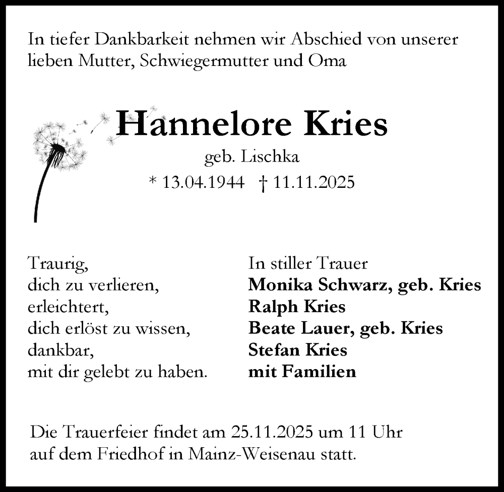  Traueranzeige für Hannelore Kries vom 22.11.2025 aus Allgemeine Zeitung Mainz