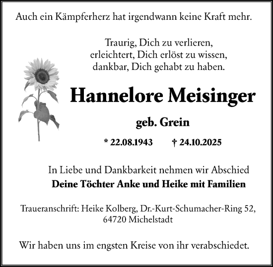 Traueranzeige von Hannelore Meisinger von Odenwälder Echo