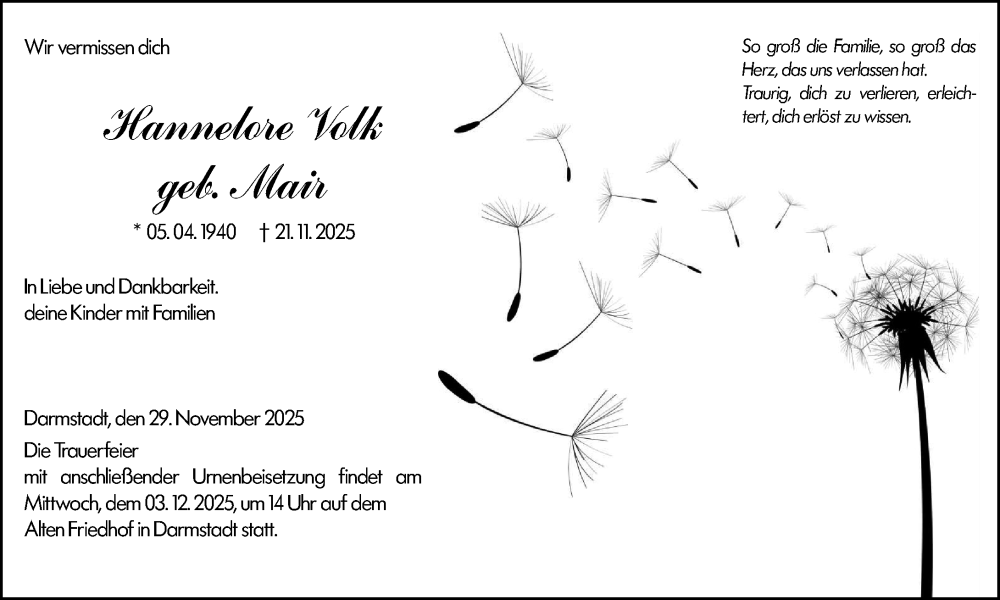  Traueranzeige für Hannelore Volk vom 29.11.2025 aus Darmstädter Echo