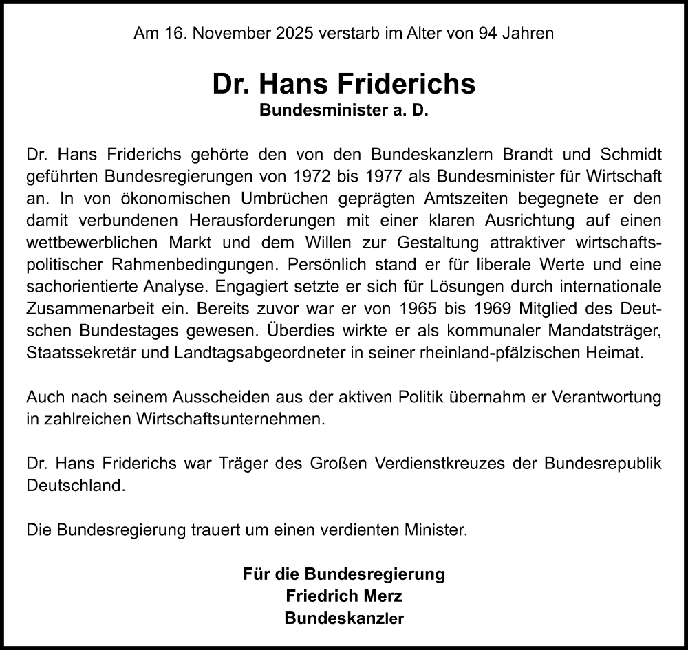  Traueranzeige für Hans Friderichs vom 22.11.2025 aus Allgemeine Zeitung Mainz