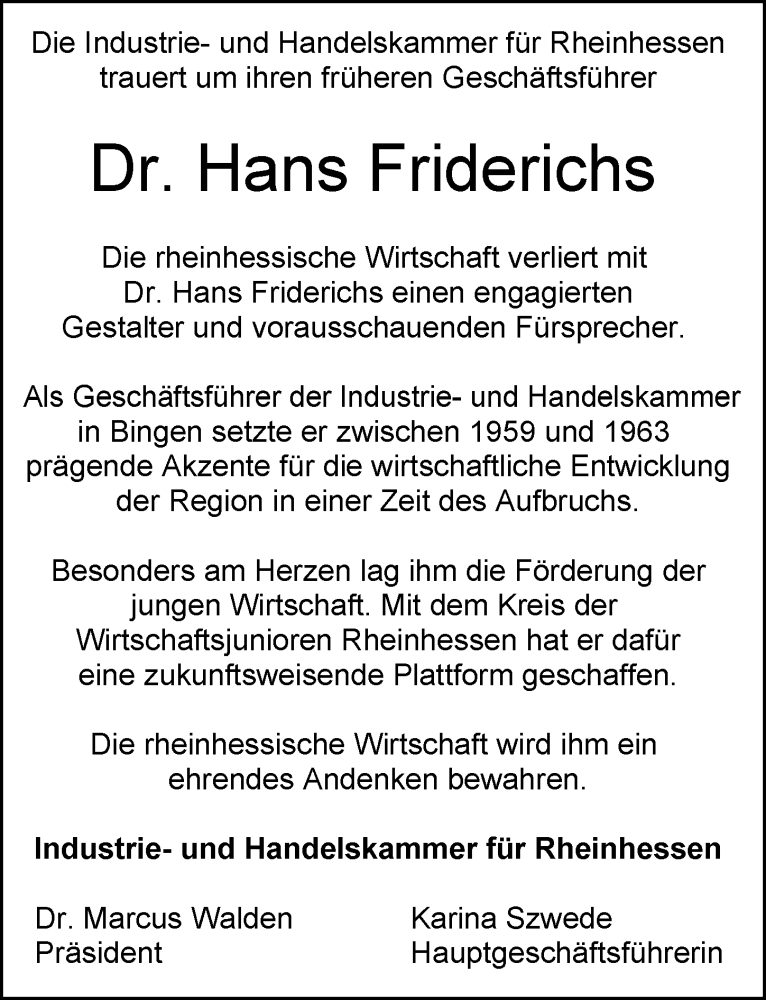  Traueranzeige für Hans Friderichs vom 22.11.2025 aus Allgemeine Zeitung Mainz