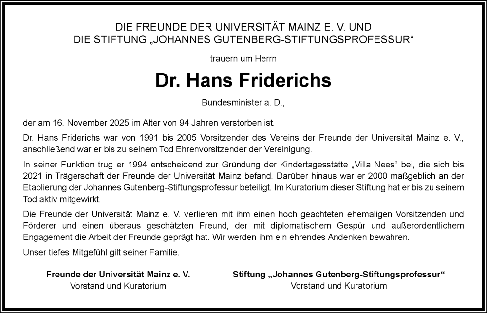  Traueranzeige für Hans Friderichs vom 29.11.2025 aus Allgemeine Zeitung Mainz