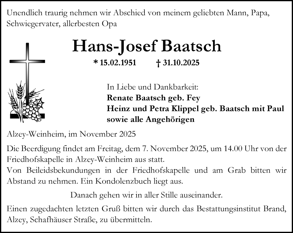  Traueranzeige für Hans-Josef Baatsch vom 05.11.2025 aus Allgemeine Zeitung Alzey