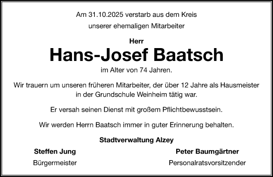 Traueranzeige von Hans-Josef Baatsch von Allgemeine Zeitung Alzey