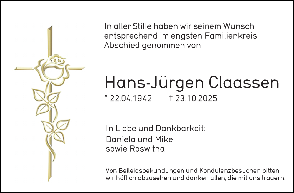  Traueranzeige für Hans-Jürgen Claassen vom 03.11.2025 aus Wetzlarer Neue Zeitung