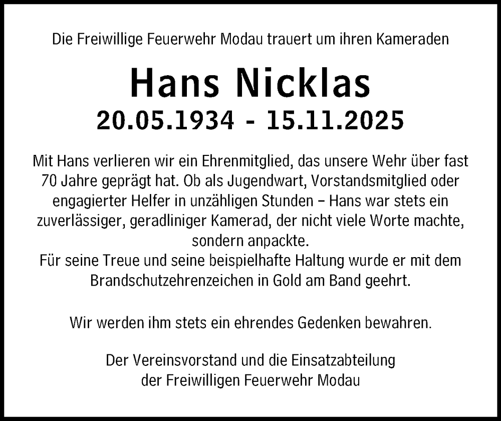  Traueranzeige für Hans Nicklas vom 29.11.2025 aus Darmstädter Echo