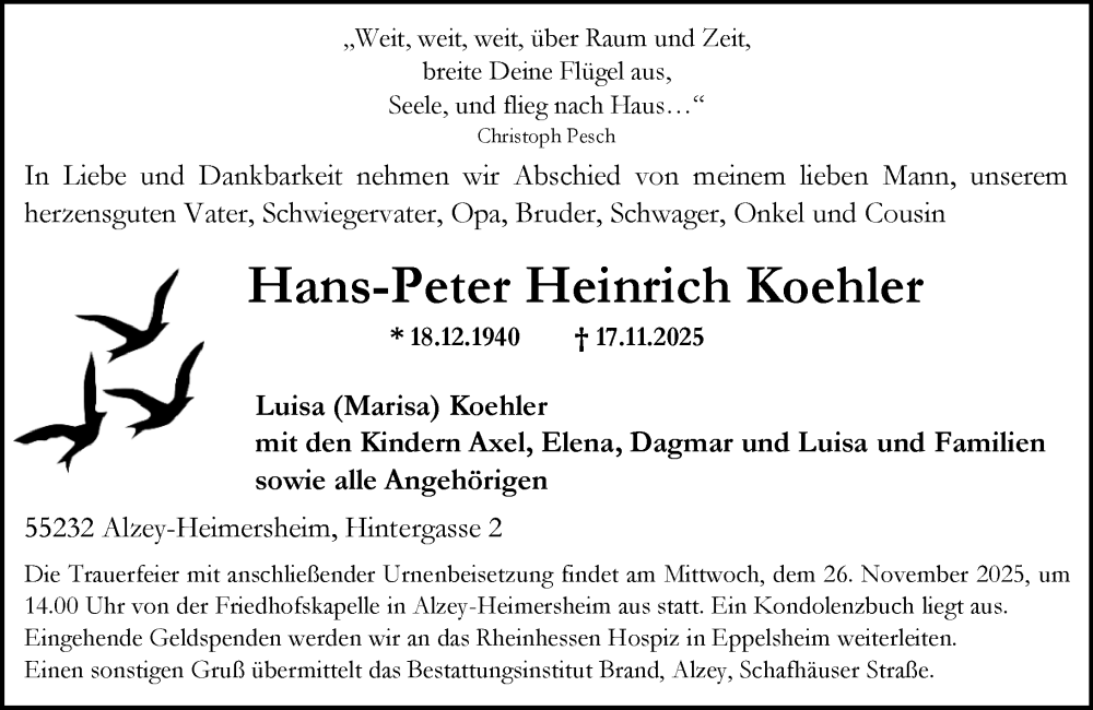  Traueranzeige für Hans-Peter Heinrich Koehler vom 22.11.2025 aus Allgemeine Zeitung Alzey