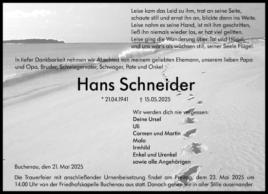 Traueranzeige von Hans Schneider von Hinterländer Anzeiger