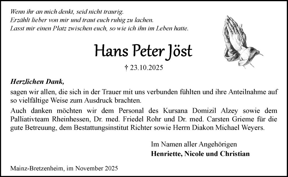  Traueranzeige für Hans Peter Jöst vom 22.11.2025 aus Allgemeine Zeitung Mainz