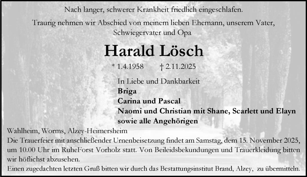  Traueranzeige für Harald Lösch vom 08.11.2025 aus Allgemeine Zeitung Alzey