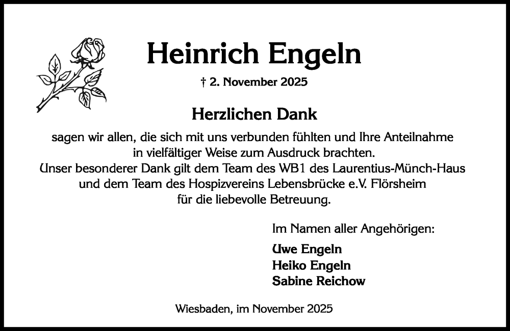  Traueranzeige für Heinrich Engeln vom 29.11.2025 aus Wiesbadener Kurier