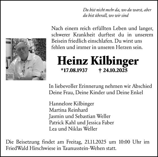 Traueranzeige von Heinz Kilbinger von Hochheimer Zeitung
