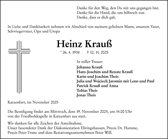 Traueranzeige von Heinz Krauß von Wetzlarer Neue Zeitung