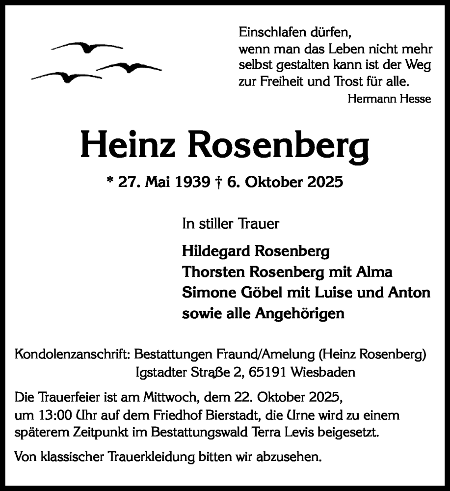  Traueranzeige für Heinz Rosenberg vom 11.10.2025 aus Wiesbadener Kurier