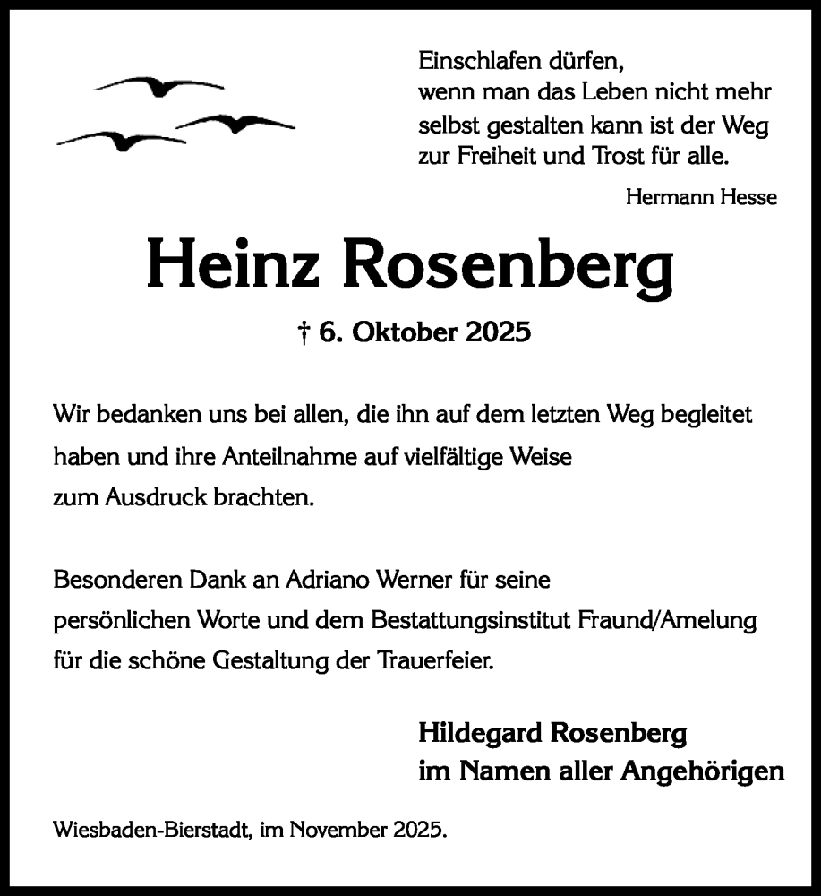  Traueranzeige für Heinz Rosenberg vom 08.11.2025 aus Wiesbadener Kurier