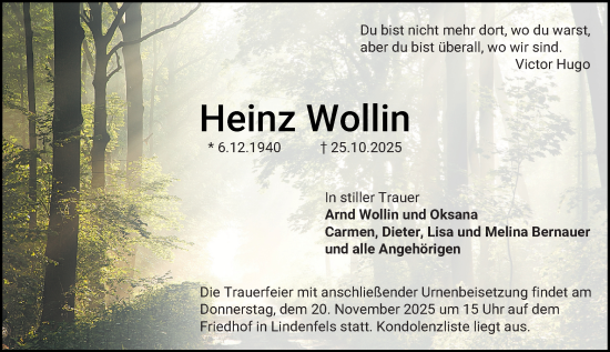 Traueranzeige von Heinz Wollin von Starkenburger Echo