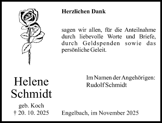 Traueranzeige von Helene Schmidt von Hinterländer Anzeiger