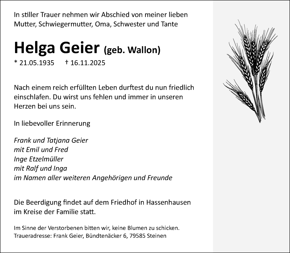  Traueranzeige für Helga Geier vom 29.11.2025 aus Rüsselsheimer Echo