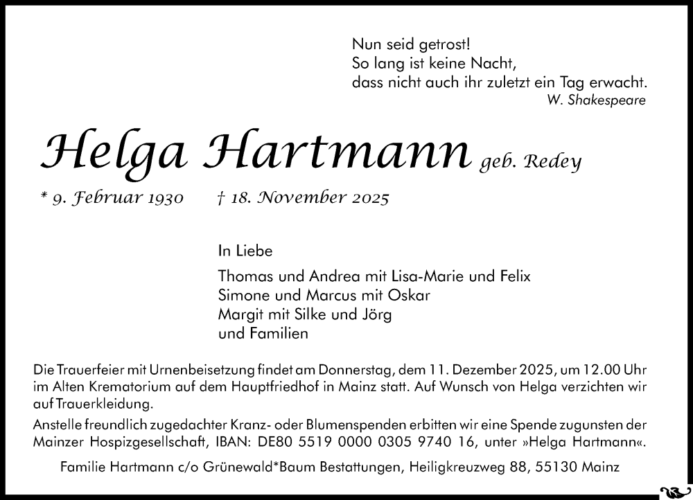  Traueranzeige für Helga Hartmann vom 29.11.2025 aus Allgemeine Zeitung Mainz