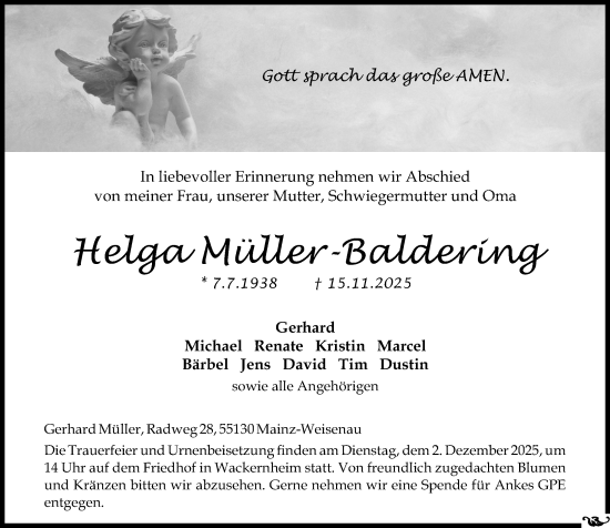 Traueranzeige von Helga Müller-Baldering von Allgemeine Zeitung Mainz