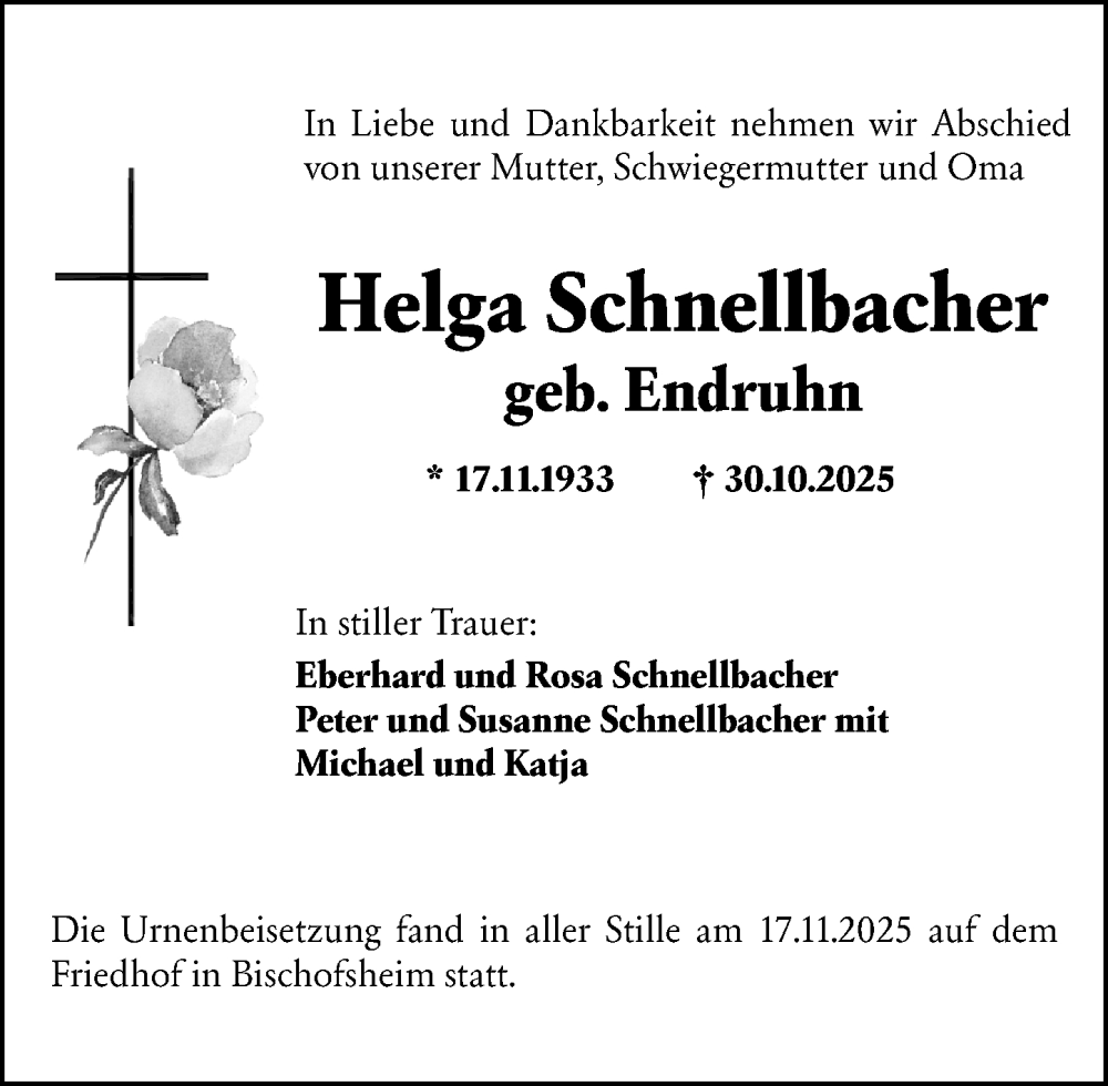  Traueranzeige für Helga Schnellbacher vom 22.11.2025 aus Rüsselsheimer Echo