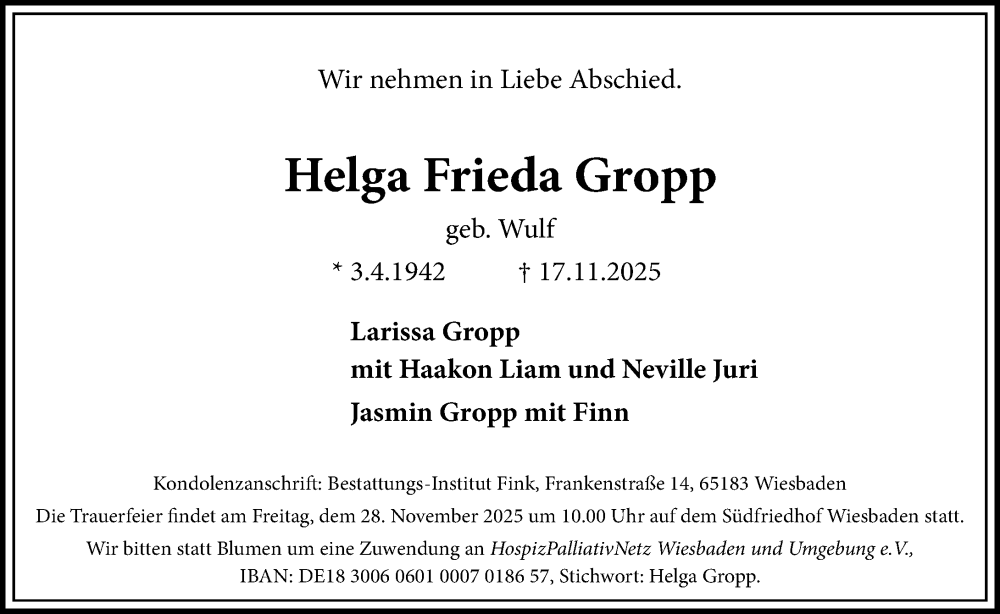  Traueranzeige für Helga Frieda Gropp vom 22.11.2025 aus Wiesbadener Kurier