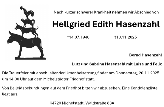Traueranzeige von Hellgried Edith Hasenzahl von Odenwälder Echo