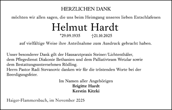 Traueranzeige von Helmut Hardt von Dill Block
