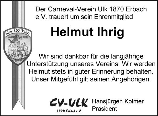 Traueranzeige von Helmut Ihrig von Odenwälder Echo