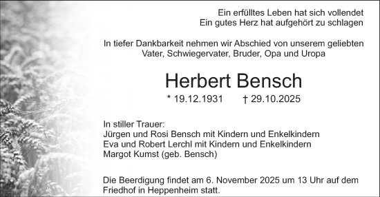 Traueranzeige von Herbert Bensch von Starkenburger Echo