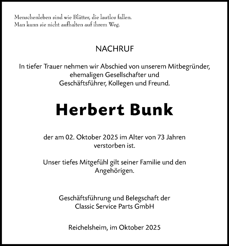  Traueranzeige für Herbert Bunk vom 11.10.2025 aus Odenwälder Echo