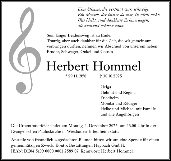 Traueranzeige von Herbert Hommel von Wiesbadener Kurier