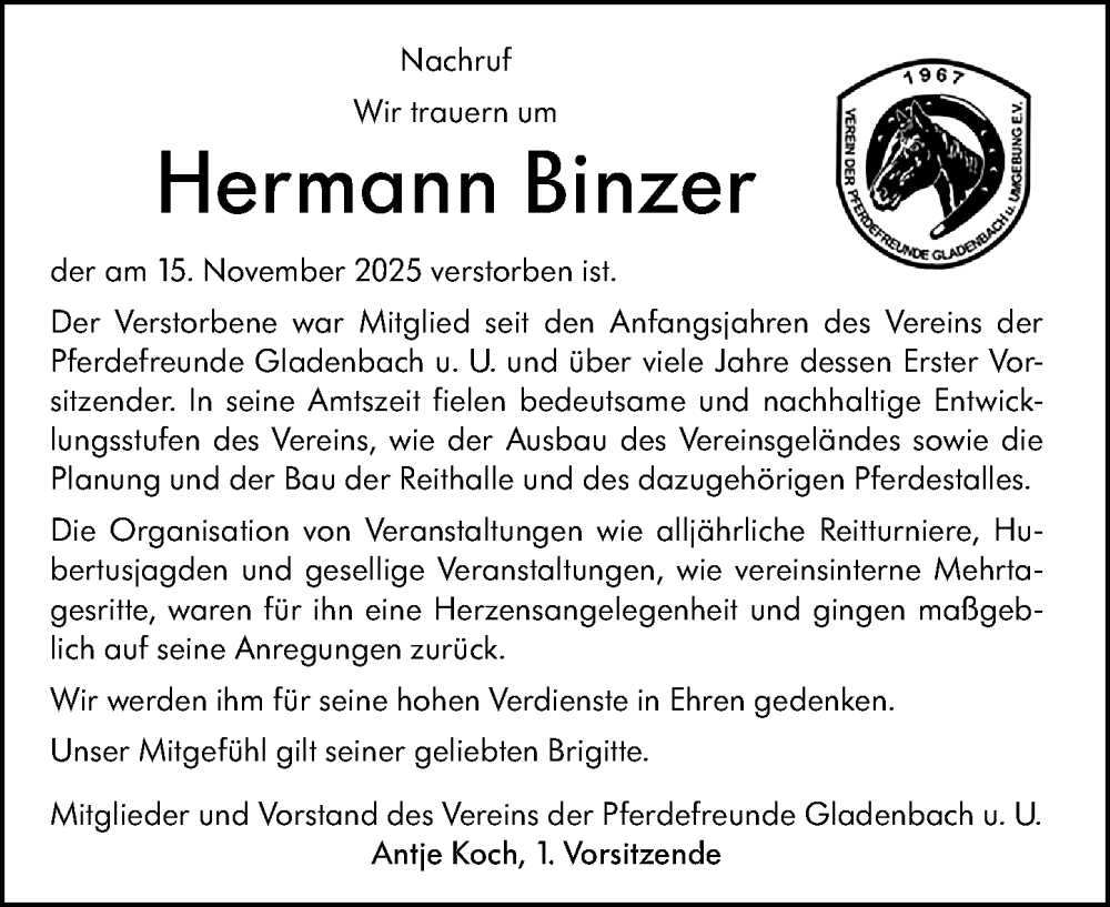  Traueranzeige für Hermann Binzer vom 29.11.2025 aus Hinterländer Anzeiger