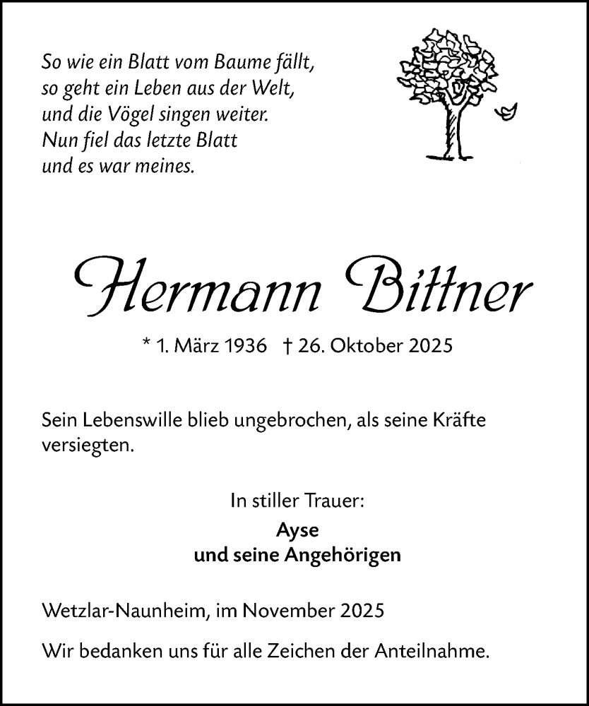  Traueranzeige für Hermann Bittner vom 15.11.2025 aus Wetzlarer Neue Zeitung