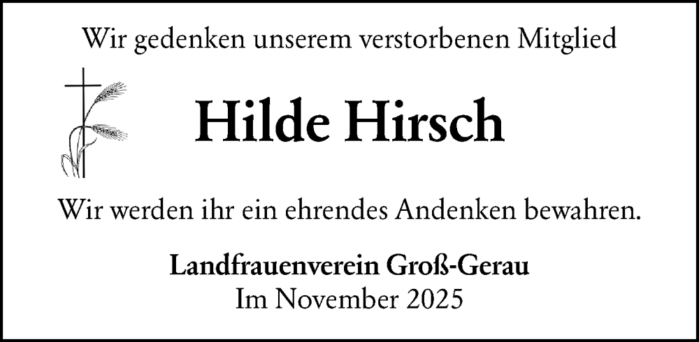  Traueranzeige für Hilde Hirsch vom 22.11.2025 aus Groß-Gerauer Echo