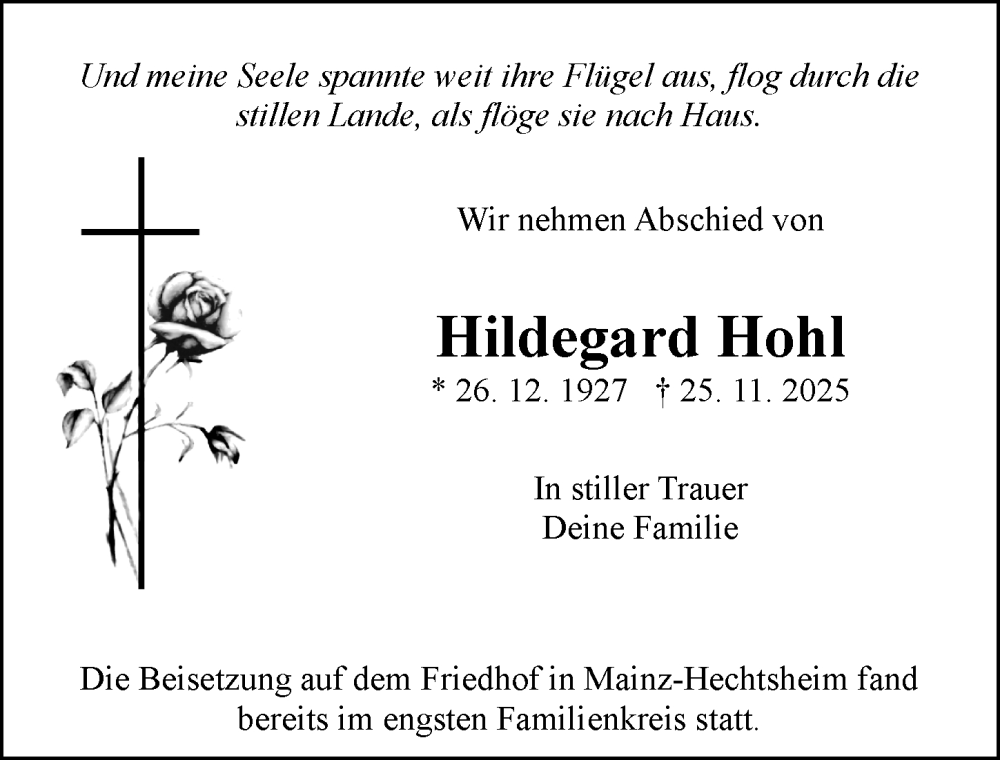  Traueranzeige für Hildegard Hohl vom 29.11.2025 aus Allgemeine Zeitung Mainz