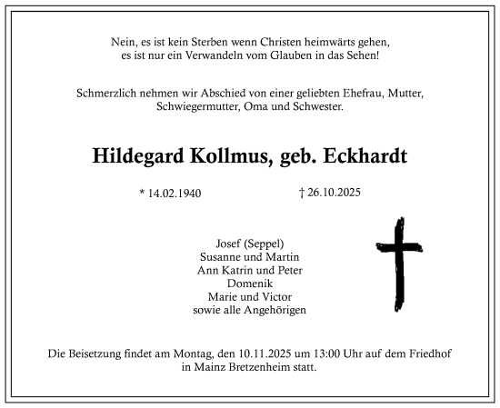 Traueranzeige von Hildegard Kollmus von Allgemeine Zeitung Mainz