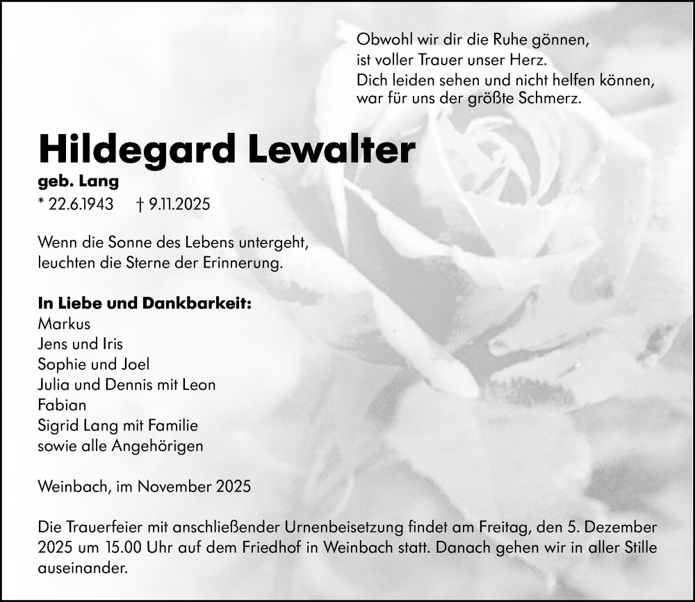  Traueranzeige für Hildegard Lewalter vom 29.11.2025 aus Weilburger Tageblatt