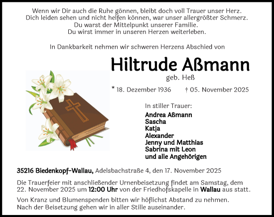 Traueranzeige von Hiltrude Aßmann von Hinterländer Anzeiger