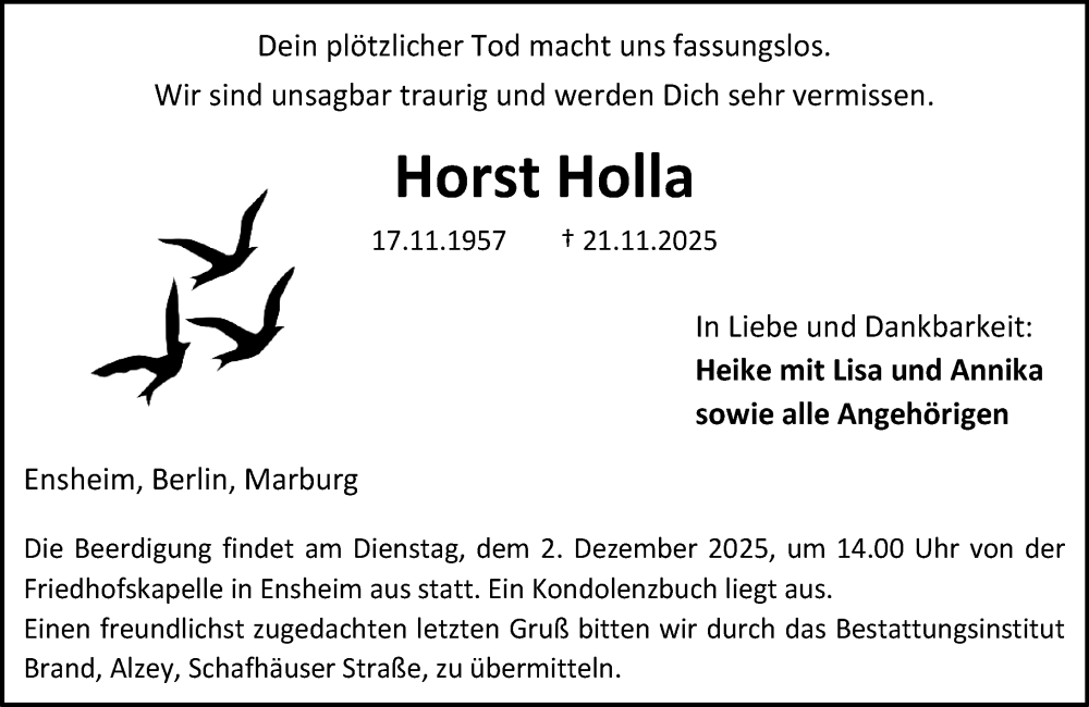  Traueranzeige für Horst Holla vom 26.11.2025 aus Allgemeine Zeitung Alzey