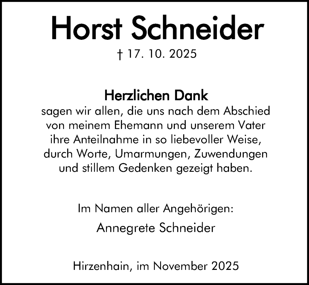  Traueranzeige für Horst Schneider vom 22.11.2025 aus Dill Block