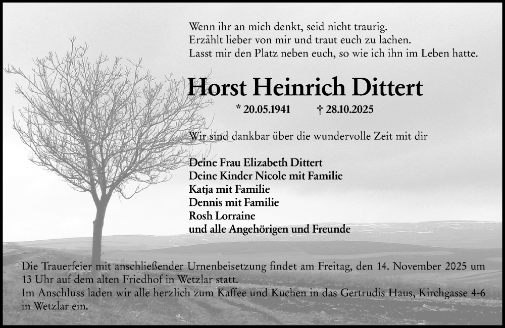  Traueranzeige für Horst Heinrich Dittert vom 12.11.2025 aus Wetzlarer Neue Zeitung