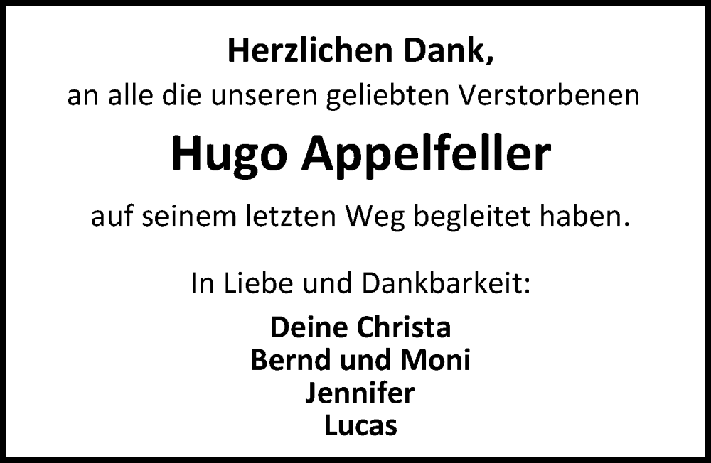  Traueranzeige für Hugo Appelfeller vom 15.11.2025 aus Allgemeine Zeitung Mainz