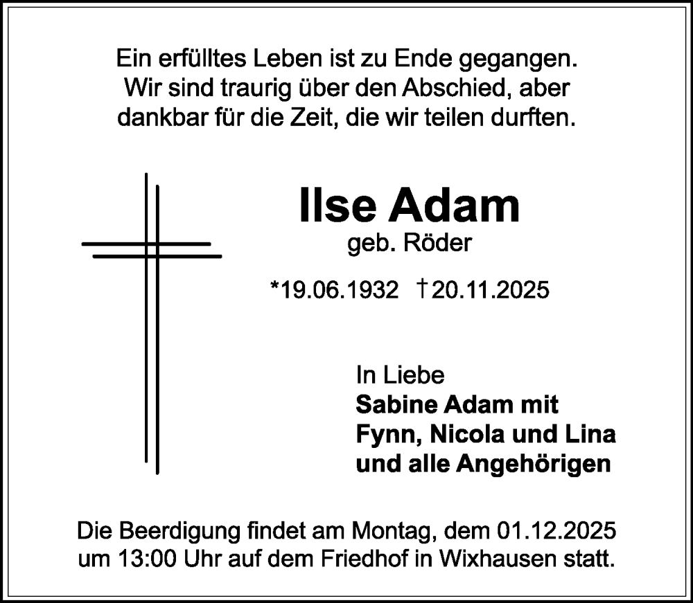  Traueranzeige für Ilse Adam vom 29.11.2025 aus Darmstädter Echo