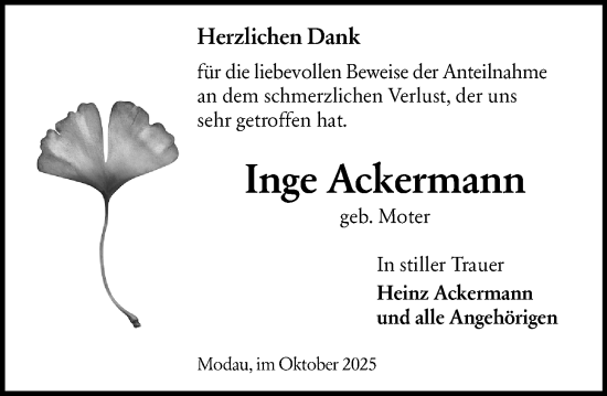 Traueranzeige von Inge Ackermann von Darmstädter Echo