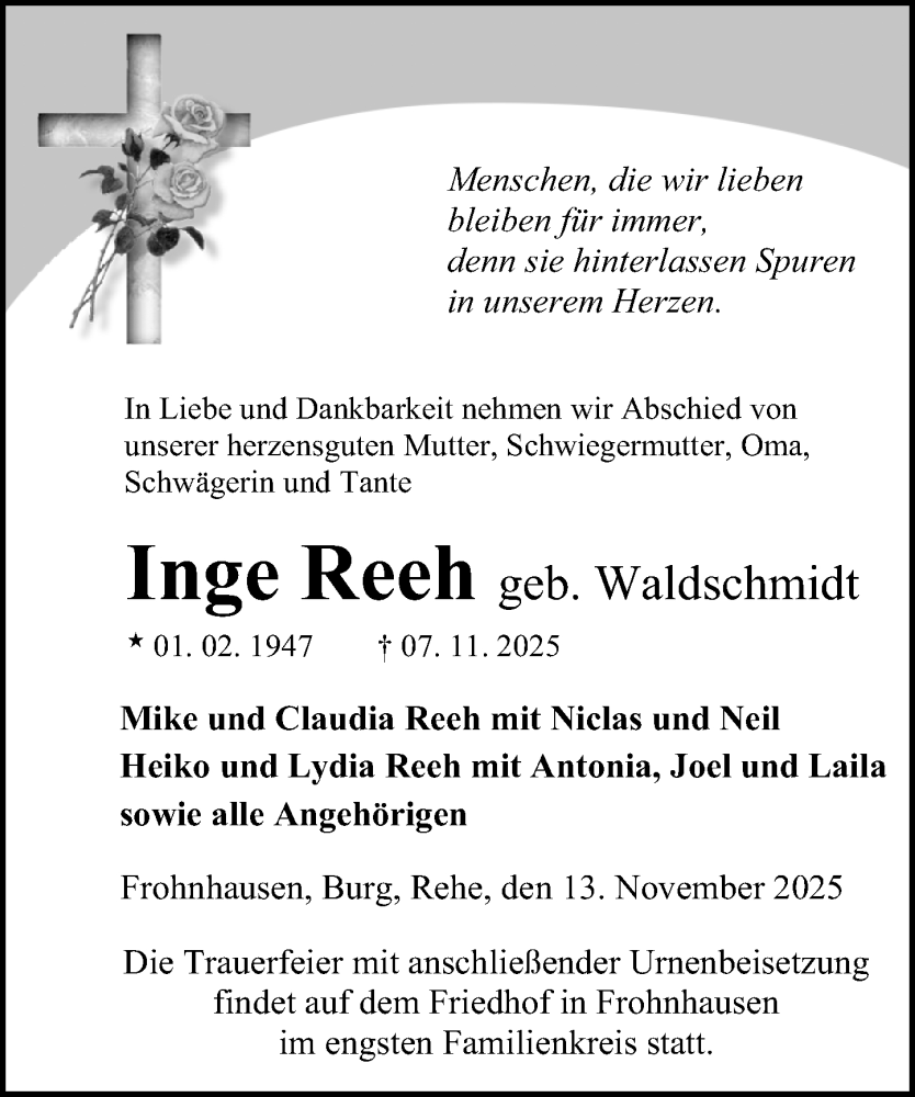  Traueranzeige für Inge Reeh vom 13.11.2025 aus Dill Block
