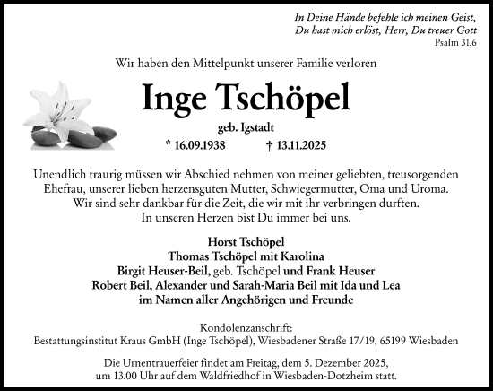 Traueranzeige von Inge Tschöpel von Wiesbadener Kurier