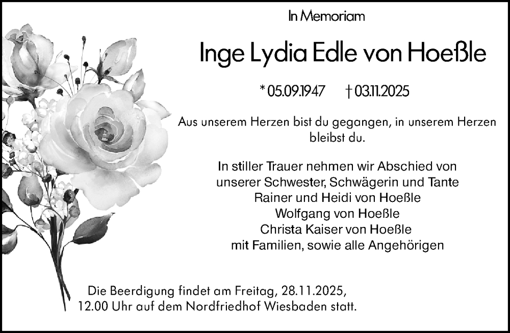  Traueranzeige für Inge Lydia Edle von Hoeßle vom 12.11.2025 aus Wiesbadener Kurier